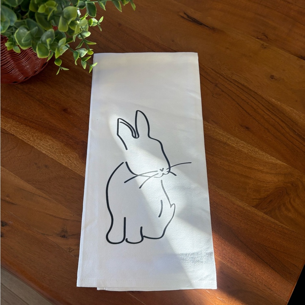 White Tea Towel with Black Bunny Design